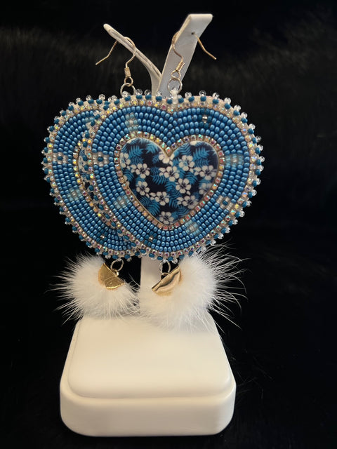 Blue Heart Shaped Beaded Earrings 17559