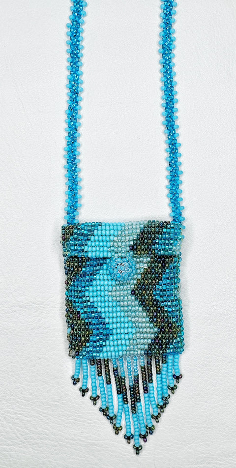 Buy 17755-blue-zigzag Square Beaded Pouch Necklace 30cm