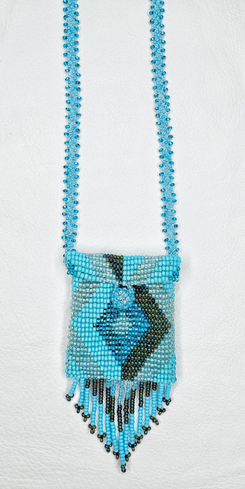 Buy 17759-blue Square Beaded Pouch Necklace 30cm