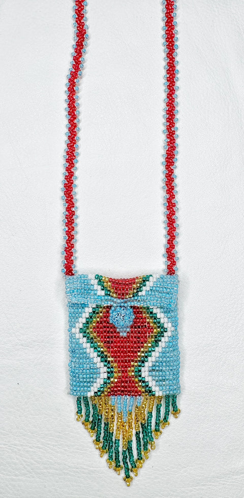 Buy 17772-redskyblue Square Beaded Pouch Necklace 30cm