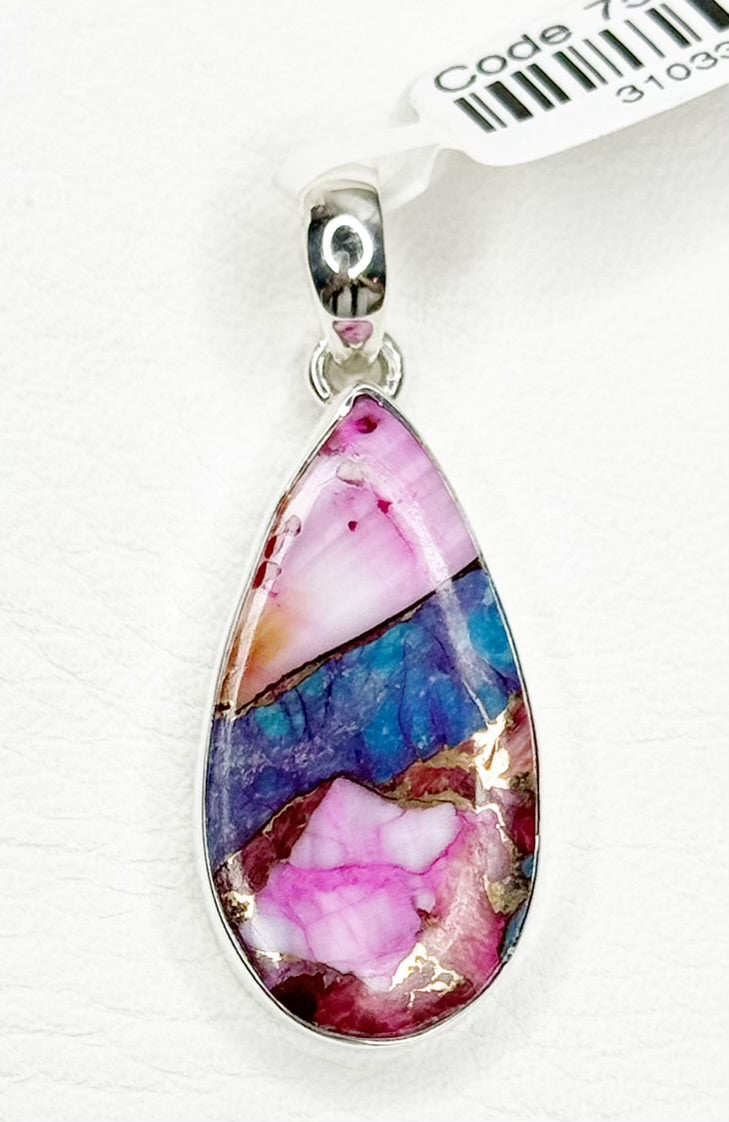 Pink Oyster Turquoise Sterling Silver Teardrop Pendant no chain