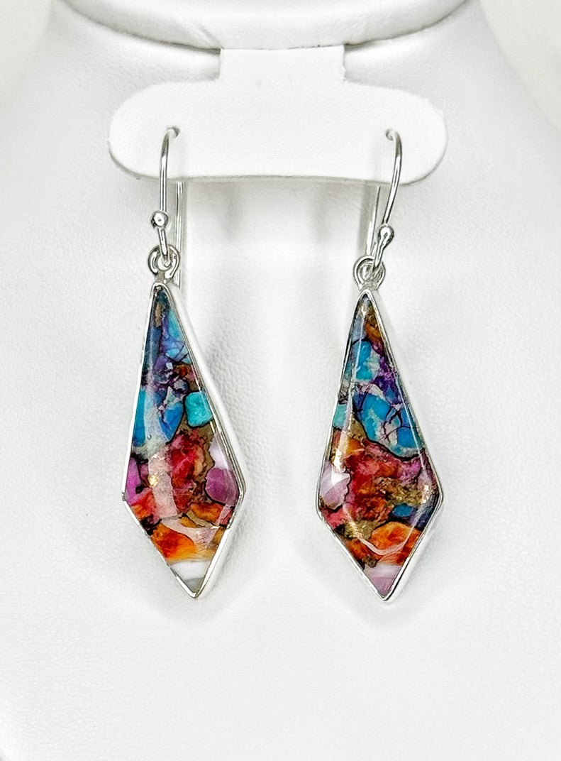 Pink Oyster Turquoise Sterling Silver Kite Shape Earrings