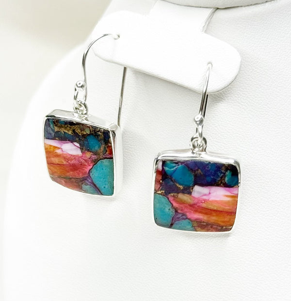 Pink Oyster Turquoise Sterling Silver Earrings - Square - 2