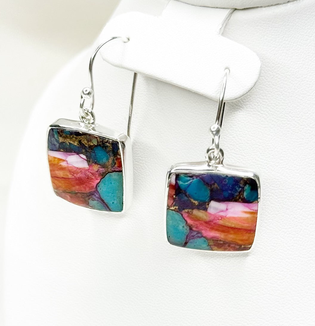 Pink Oyster Turquoise Sterling Silver Earrings - Square