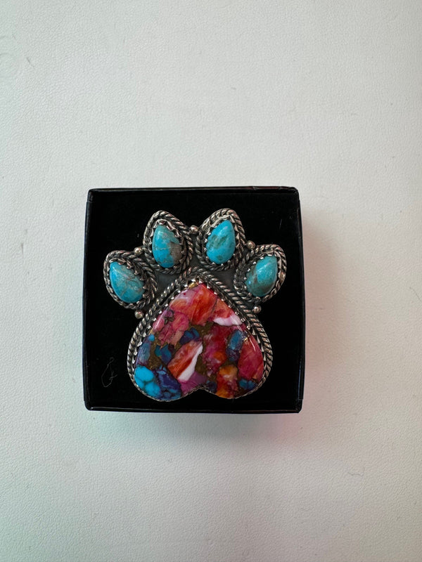 Turquoise-Blue Red Bear Paw Sterling Silver Ring Size 9 - 1