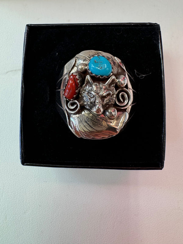 Turquoise-Red Wolf Head Sterling Silver Ring Size 13 - 1