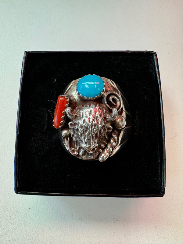 Turquoise-Red Bison Sterling Silver Ring Size 10 - 1