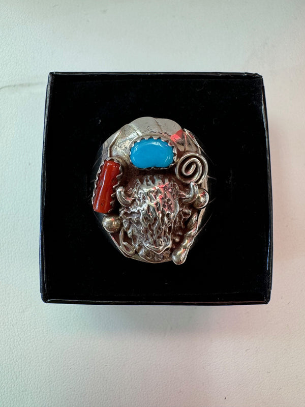 Turquoise-Red Bison Sterling Silver Ring Size 12 - 1