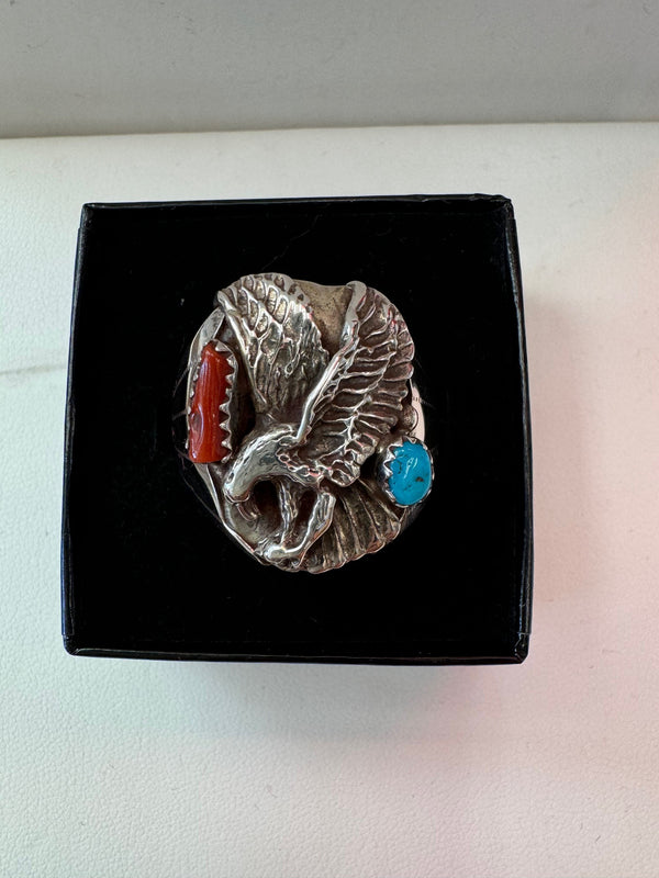 Turquoise-Red Eagle Sterling Silver Ring Size 12 - 1