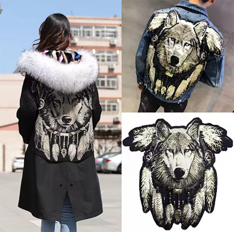 Patch - Supersize Embroidered Sequined Wolf Feather Patch