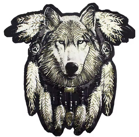 Patch - Supersize Embroidered Sequined Wolf Feather Patch