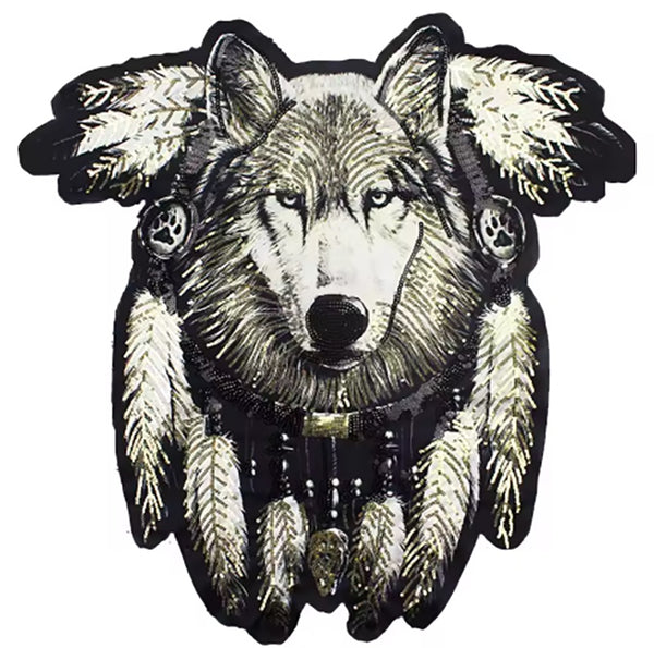 Patch - Supersize Embroidered Sequined Wolf Feather Patch - 1