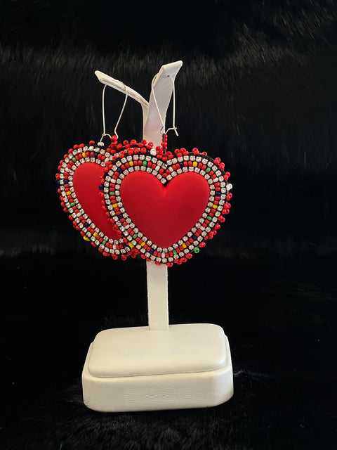 Red Heart Shape  Beaded Earrings 17554