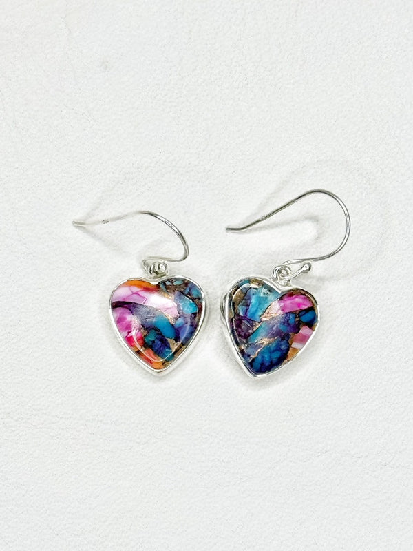 Pink Oyster Turquoise Sterling Silver Heart Earrings - 1