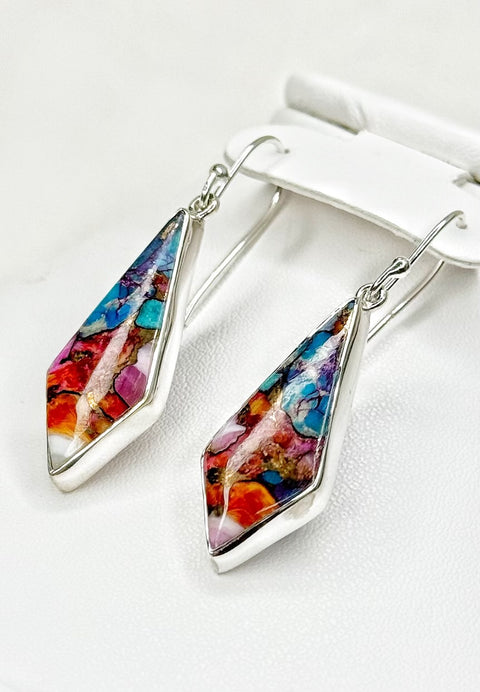 Pink Oyster Turquoise Sterling Silver Kite Shape Earrings