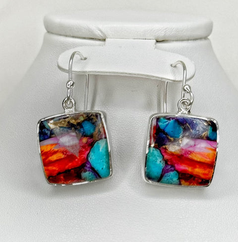 Pink Oyster Turquoise Sterling Silver Earrings - Square