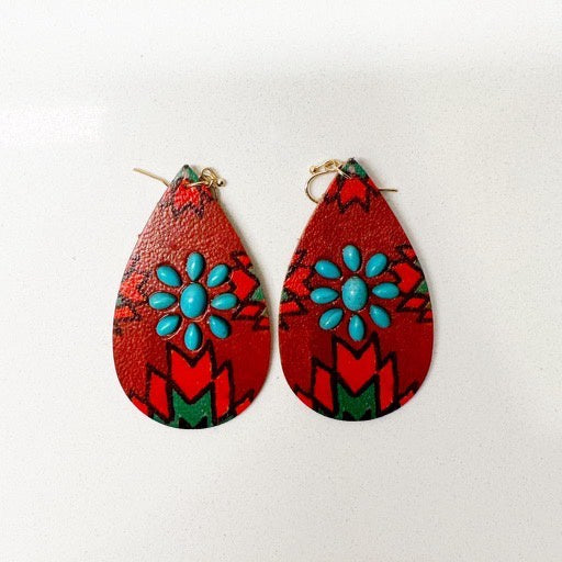 TearDrop Shaped Leather Earrings with Turquoise - 1